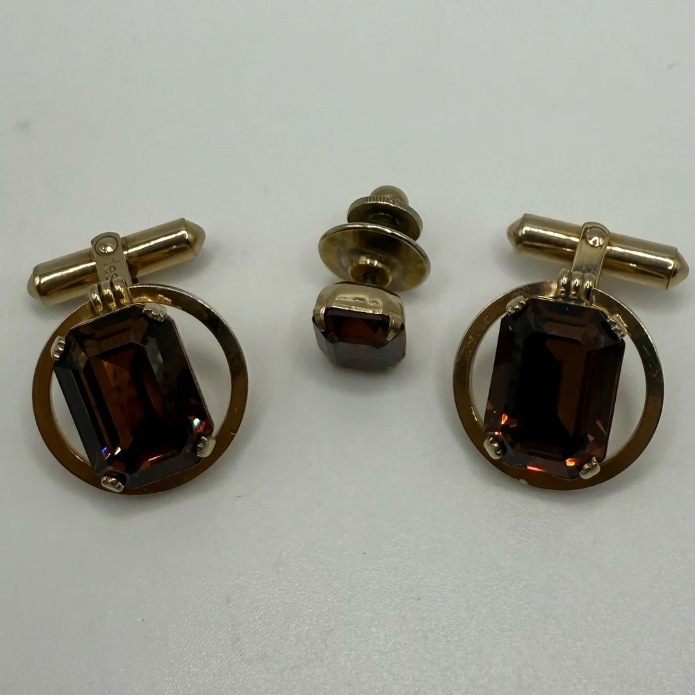 ✨ Vintage Destino 12K Gold-Filled Cufflinks & Stud Set – Smoky Brown Glass